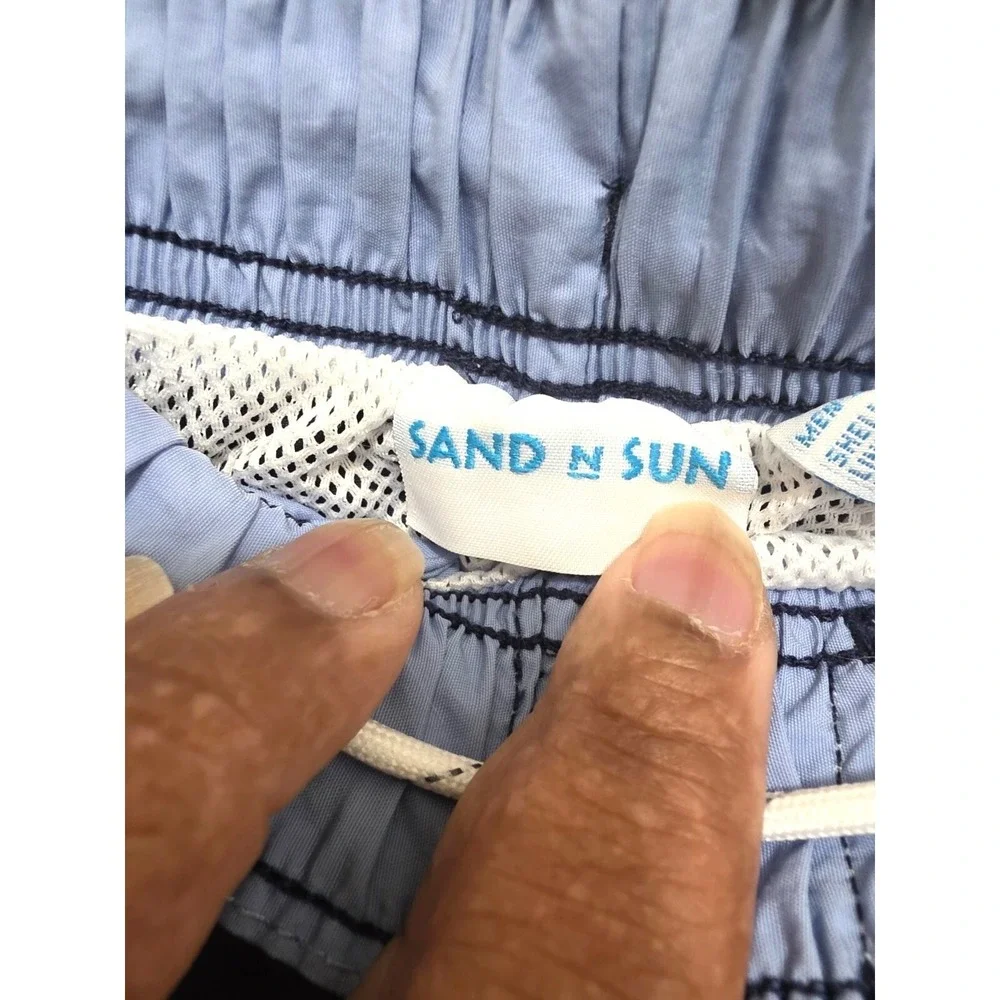 Vintage Sand N Sun Mens Swim Shorts Blue/Gray W/ White & Light Blue Stripes Elas